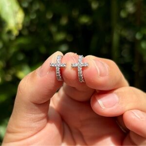 18K White Gold Plated Stainless Steel Small Diamond Cross Hoop Earrings